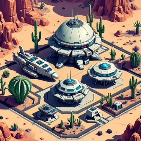 isometric casual game,
outdoor,
atompunk retro old-fashion sci-fi,
spaceships stand on concrete area,
surrounded by desert cactuses