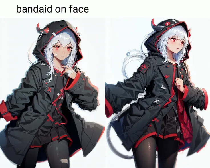 1girl,((white background)),upper body,bandaid on face,horns,hood ,balck pantyhose
