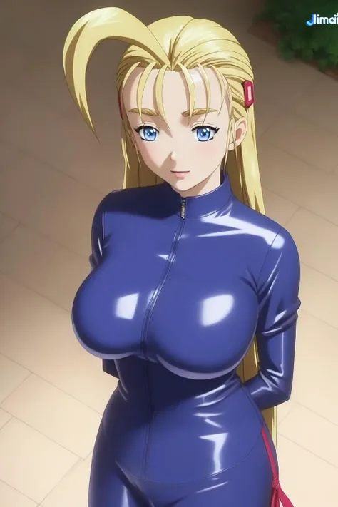 ((best quality)), ((masterpiece)), (detailed), 1girl, Miu Furinji, long blonde hair, blue eyes, huge breasts, blue latex suit, standing still, dog collar <lora:Miu Furinji v2:1>