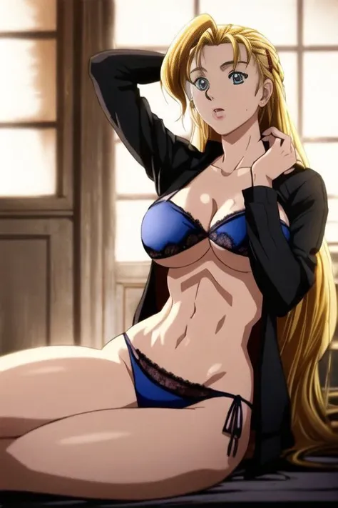 <lora:Miu Furinji :1>,Miu Furinji a woman with long blonde hair, beautiful blue eyes , anime ,woman, full body,clothes bikini, beautiful face, blue eyes, Photorealistic, well-drawn skin, well-defined drawing strokes, demure, low cut, black lace, detailed skin, matte skin,, Photorealistic, Hyperrealistic, Hyperdetailed, analog style, hip cocked, demure, low cut, black lace, detailed skin, matte skin, soft lighting, subsurface scattering, realistic, heavy shadow, masterpiece, best quality, ultra realistic, 8k, golden ratio, Intricate, High Detail, film photography, soft focus