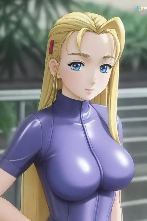 ((best quality)), ((masterpiece)), (detailed), 1girl, Miu Furinji, long blonde hair, blue eyes, huge breasts, blue latex suit, standing still, dog collar <lora:Miu Furinji v2:1>