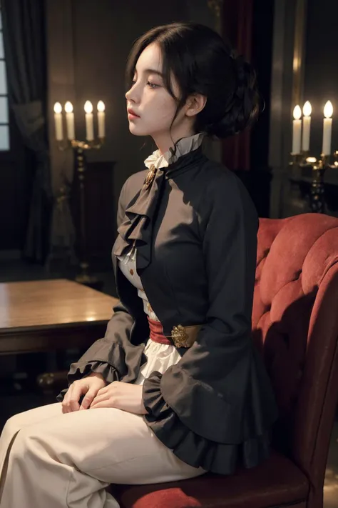 <lora:LiesofP:0.7>, Pinocchio , best quality, masterpiece, illustration, (realistic, photo-realistic:1.37), amazing, finely detail, incredibly absurdres, huge filesize, ultra-detailed, highres, extremely detailed CG unity 8k wallpaper, ray tracing, nsfw, A young Korean girl with short black straight hair, blushing cheeks, flat chest, wearing a black ascot tie, brooch, freckles, prosthesis, a coat with frills and trimmed edges, frilled skirt and frilled sleeves, eyes closed sitting on a red plush noble chair with her hands on the armrests. The ambience around her is dimly lit, with only faint candlelight illuminating her side profile. Golden ornaments can be vaguely seen glimmering in the gloom, creating an elegant and luxurious atmosphere. Captured from a low angle looking up at her side profile, her face appears serene and tranquil in the subtle candlelight. This scene takes place in a grand, ornate classical hotel lobby.