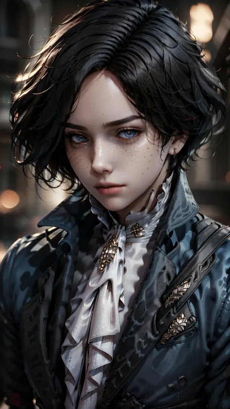 <lora:LiesofP-10:1>,Pinocchio,1boy,short hair,black hair,ascot,brooch,freckles,prosthesis,frills,coat,frilled sleeves,