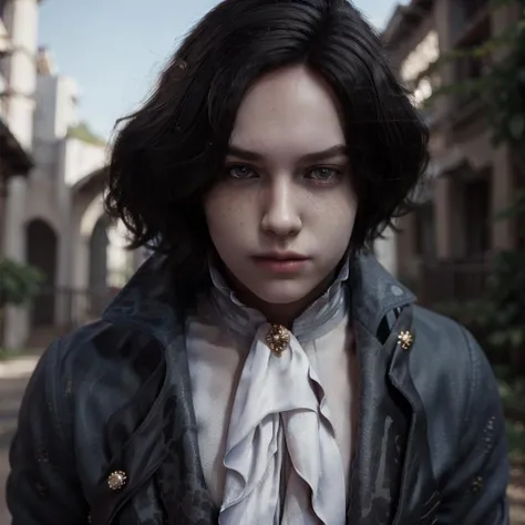 masterpiece, best quality, Pinocchio, (1boy), short hair, black hair, ascot, brooch, freckles, prosthesis, brooch, frills, coat, frilled sleeves <lora:LiesofP:1>