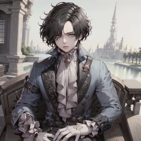 masterpiece, best quality, Pinocchio, (1boy), short hair, black hair, ascot, brooch, freckles, prosthesis, brooch, frills, coat, frilled sleeves, realistic, <lora:LiesofP:.95>