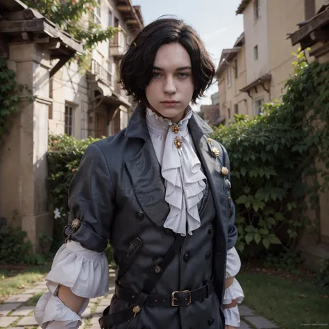 masterpiece, best quality, Pinocchio, (1boy), short hair, black hair, ascot, brooch, freckles, prosthesis, brooch, frills, coat, frilled sleeves <lora:LiesofP:.8>