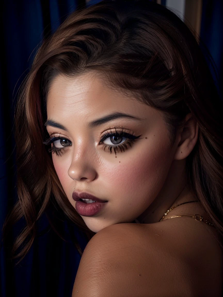 <lora:GigiRivera_v1.0:1> <lora:theovercomer8sContrastFix_sd15:1>
(GigiRivera:1), (to8contrast style), (Woman:1),
Close-up portrait, Charlotte Stokely's lips, 8k RAW photo, highest quality, detailed eyes, looking at the camera, best shadow, intricate details, interior, golden brown hair, muted colors, high contrast style, glam shot, smoldering, sultry, intense, languid, tempting, sensual, seductive, longing, yearning, smitten, dark photography studio, minimal lighting, deep shadows, stark contrasts, dramatic highlights, black backdrop, dimples, fullness, plumpness, natural pout, lusciousness, red lips, bold color, alluring, captivating, striking, unforgettable, stunning, breathtaking, timeless beauty.