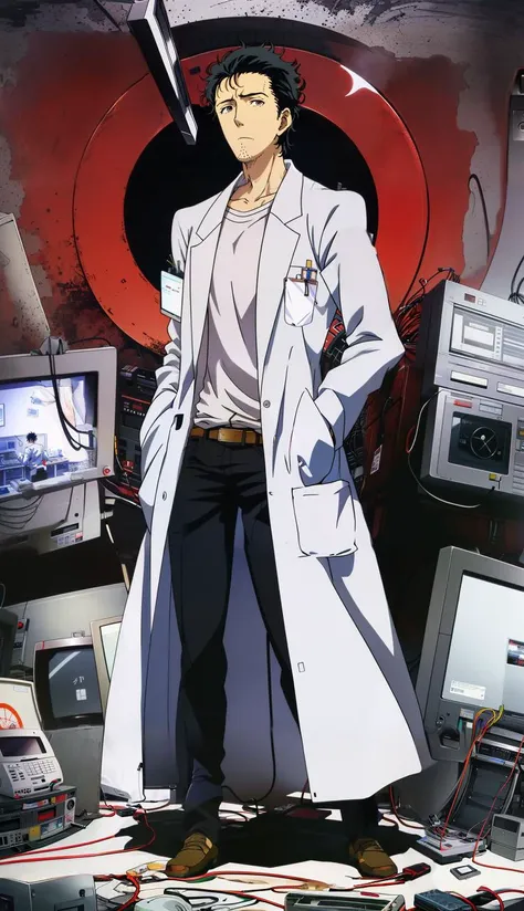 masterpiece, best quality, 1boy, ((okabe)), CRT, messy, wires, floppy disc, detailed background, anime style, <lora:okabe:0.8>