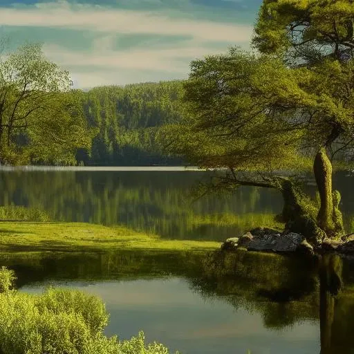  A quiet lake scene, with a serene atmosphere created by the gentle ripples of the water and the soft, warm glow of the sun reflecting off the surface. The scene is framed by lush green trees and colorful blooming flowers, while a quaint old-world building with vines and moss adorning its facade adds a sense of harmony to the surroundings. The water is clear and inviting, reflecting the beauty of the environment and creating a sense of tranquility that is both captivating and serene
