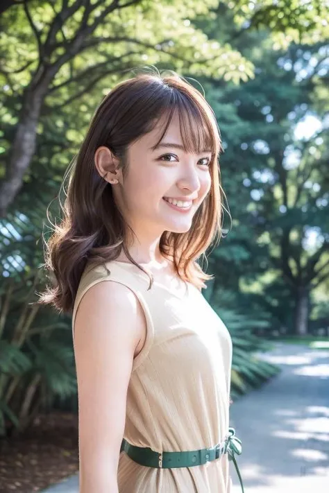 1girl, (wearing a casual dress:1.6),(RAW photo, best quality), (realistic, photo-realistic:1.4), masterpiece, an extremely delicate and beautiful, extremely detailed, 2k wallpaper, Amazing, finely detail, extremely detailed CG unity 8k wallpaper, ultra-detailed, highres, soft light, beautiful detailed girl, extremely detailed eyes and face, beautiful detailed nose, beautiful detailed eyes,cinematic lighting,(in the park:1.8),perfect anatomy,slender body,(smile:1.4),(young girl:1.4),(close up:1.2),(look at viewer:1.4),(front view:2.0),cinematic angle,(wavy long hair:1.2),standing,(cleavage:0.8),  <lora:komatsumikako_lora-02:0.8>