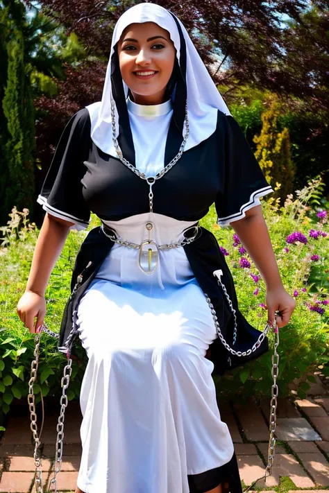 beautiful nun with chained legs,garden background,hyperdetailed textures,Fujifilm XT3,hdr,sensual smile,(curvy 40 year old woman)