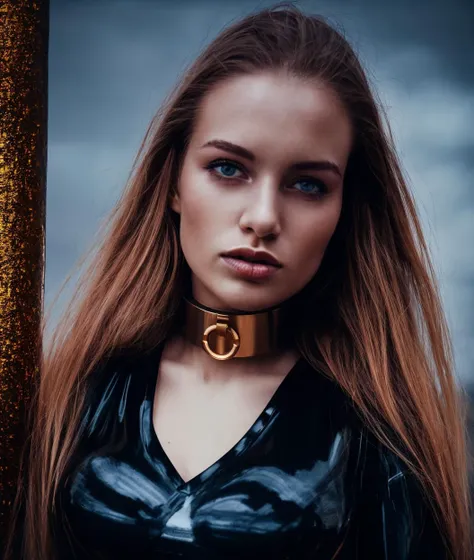 beautiful woman face scandinavian front close (golden:0.7) metal collar black latex top, (aesthetic lighting:0.7), skin texture, [big boobs:0.1]