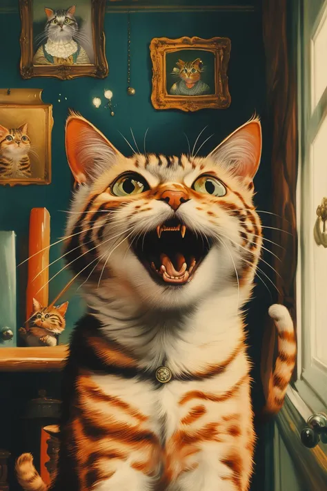 masterpiece,best quality,<lora:tbh120-:0.9>,portrait of a cat manager,shouting,illustration,style of Louis Wain,