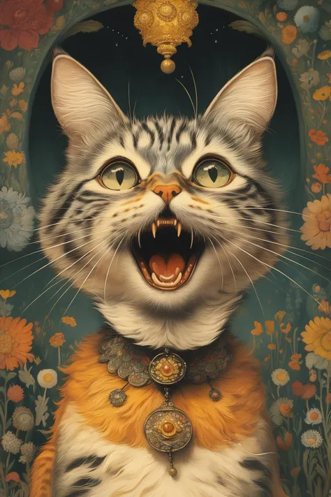 masterpiece,best quality,<lora:tbh120-:0.9>,portrait of a cat manager,shouting,illustration,style of Louis Wain,