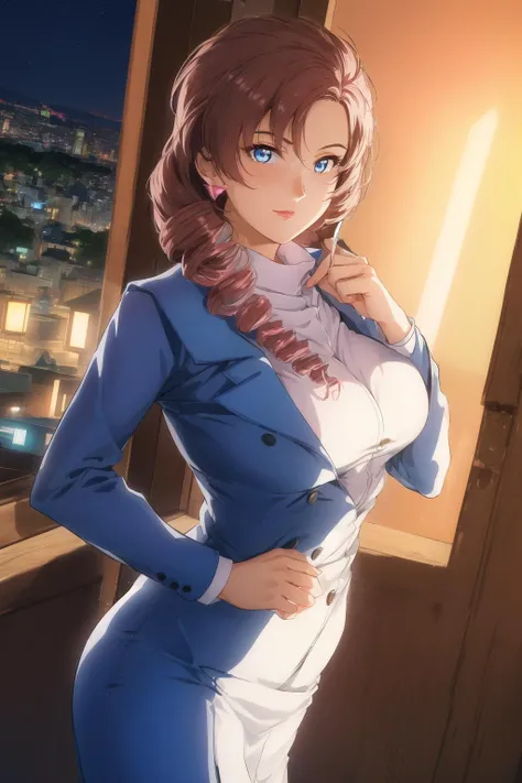(Night:1.7), Japan, Tokyo, CityView, Before Window,
Standing at attention,
blue suit,white collar,makeup,long sleeves,
<lora:Lucette_Audevie_0083-KK77-V1:0.7>,pink earring,jewelry,lipstick,
blue eyes,drill hair,brown hair,closed mouth,single braid,
1 girl, 24yo,mature female,Beautiful Finger,Beautiful long legs,Beautiful body,Beautiful Nose,Beautiful character design, perfect eyes, perfect face,
looking at viewer, in the center of the image,
NSFW,official art,extremely detailed CG unity 8k wallpaper, perfect lighting,Colorful, Bright_Front_face_Lighting,
(masterpiece:1.0),(best_quality:1.0), ultra high res,4K,ultra-detailed,
photography, 8K, HDR, highres, absurdres:1.2, Kodak portra 400, film grain, blurry background, bokeh:1.2, lens flare, (vibrant_color:1.2)
(Beautiful,large_Breasts:1.4), (beautiful_face:1.5),(narrow_waist),