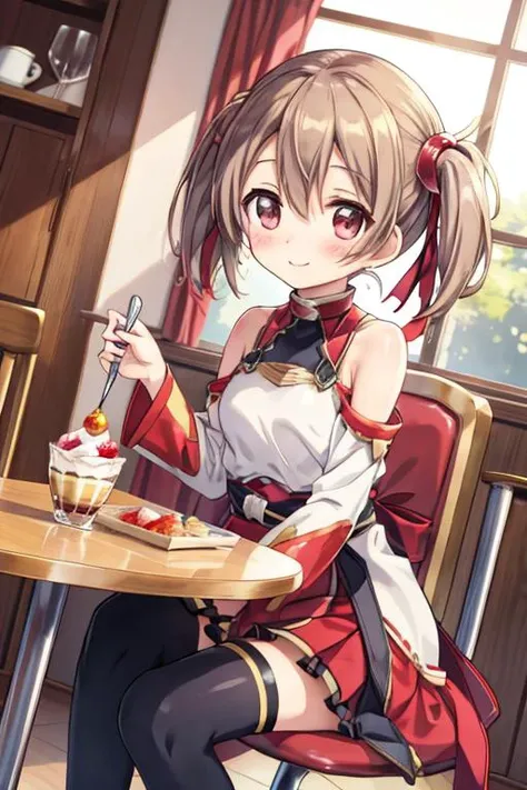 masterpiece, best quality,   <lora:silica:0.7>,silica,cafe,sitting chair,table,fruit parfait,blush,looking at parfait,happy ,dynamic angle,<lora:GoodHands-vanilla:0.8> <lora:anmnr01:0.3> <lora:add_detail:0.5>