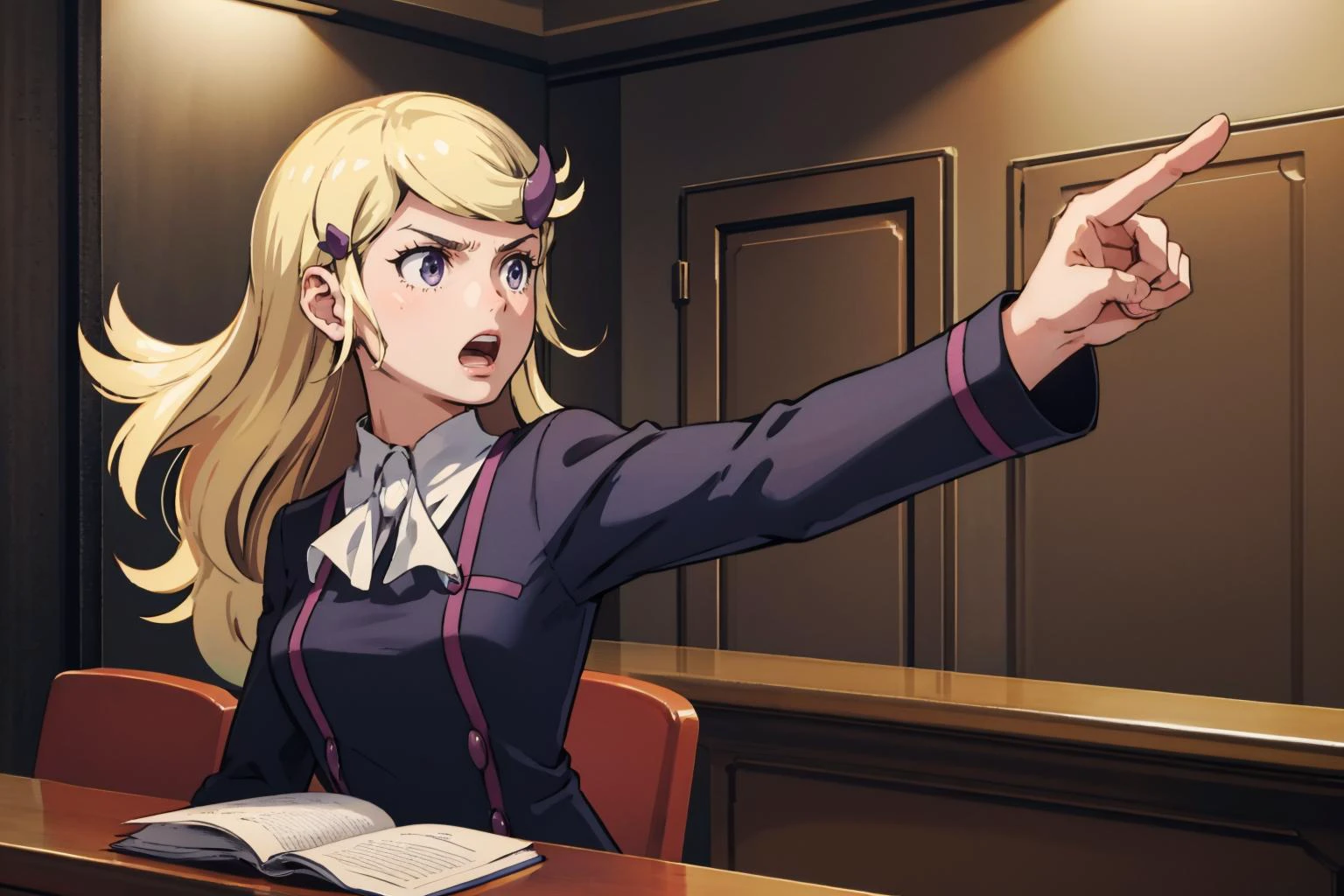 masterpiece, best quality, <lora:pokemon_acetrainerxy-10:1> pokemonastrid, hairclip, shirt, neckerchief, long sleeves, skirt, courtroom, <lora:aa_dp-11:0.8> upper body, open mouth, objection, pointing, furrowed brow