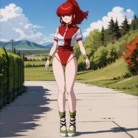 masterpiece,best quality,solo,outdoors,
<lora:jungfreud001:0.7>,looking at viewer,
jungfreud,1girl,
short hair,ponytail,wavy hair,red hair,blunt bangs,green eyes,
short sleeves,red leotard under clothes,
wristband,
leg warmers,shoes,
full body,standing,