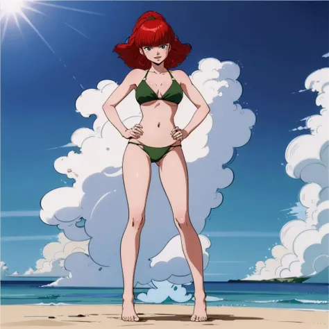masterpiece,best quality,solo,outdoors,
<lora:jungfreud001:0.7>,from below,looking at viewer,head tilt,smirk,open mouth,
jungfreud,1girl,
short hair,ponytail,wavy hair,red hair,blunt bangs,green eyes,
bikini,full body,barefoot,standing,hands on the hips,
ocean,light,sunlight,