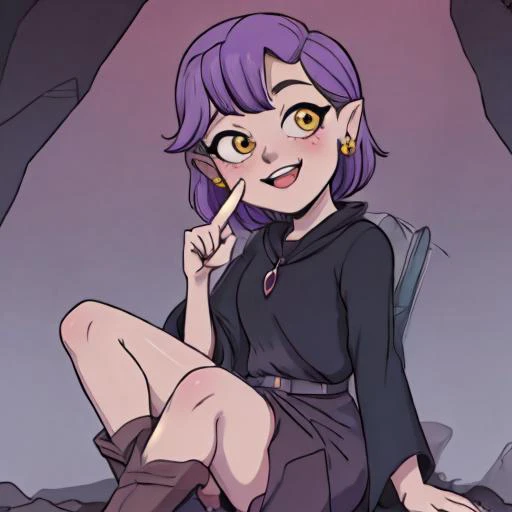 high quality image of amity blight <lora:amity_blight_s2:0.8> , high resolution, high detail, black fingernails, purple hair, smiling, coy smile, yellow eyes, close up, kawaii, cute, crossed legs, vee