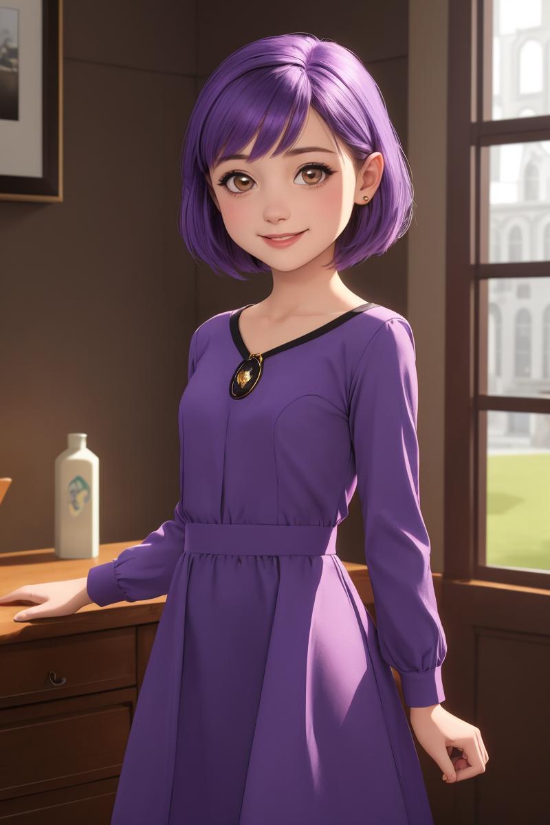 A woman in a purple dress standing in front of a desk - SeaArt AI