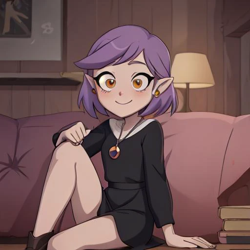 high quality image of amity blight <lora:amity_blight_s2:0.8> , full body, dress, high resolution, high detail, black fingernails, purple hair, smiling, coy smile, yellow eyes,  close up, kawaii, cute, crossed legs,