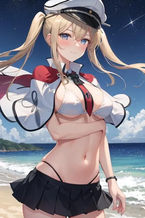 best quality, masterpiece, highres, solo, {night:1.10}, {starry sky:1.10}, beach, beautiful detailed sky, {extremely detailed background:1.20}, {graf_zeppelin_kantaicollection:1.15}, {standing:1.10}, looking at viewer, {bikini:1.30}, blonde_hair, twintails, long_hair, sidelocks, hair_between_eyes, breasts, blue_eyes, capelet, large_breasts, hat, peaked_cap, necktie, military, cross, blush, light smile