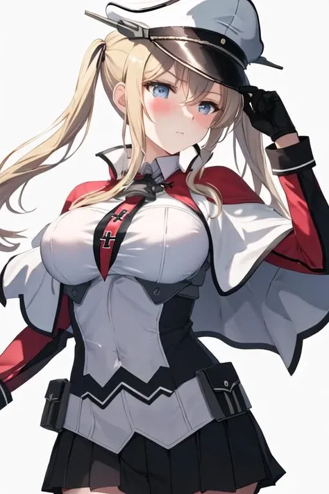 best quality, masterpiece, highres, solo, {graf_zeppelin_kantaicollection:1.15}, blonde_hair, twintails, long_hair, sidelocks, hair_between_eyes, breasts, blue_eyes, large_breasts, hat, peaked_cap, necktie, military, black skirt, short skirt, black tights, cross, blush, 1girl, looking_at_viewer, military_uniform, uniform, iron_cross, black_gloves, gloves, upper_body, ((((chained_superior)))), ((Arms suspended by chains)), arms over head, large breast, indoor, bed room, cabinet, hanged, standing, shy, scowl, teeth, sweat,