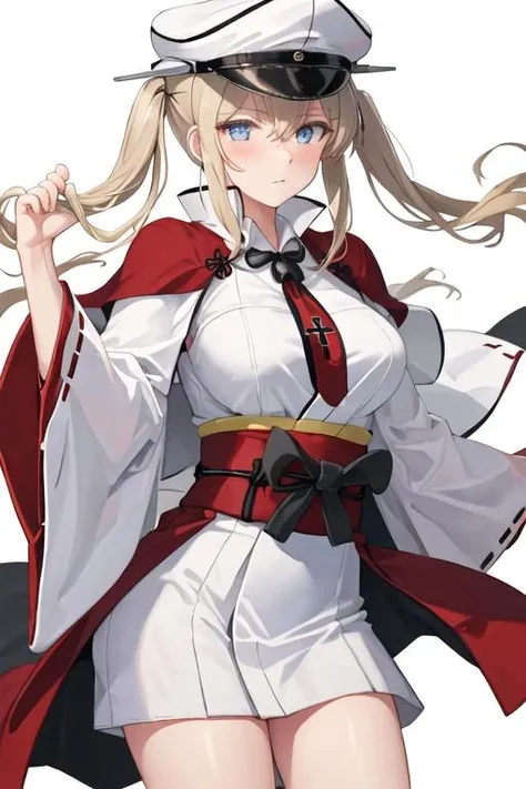 best quality, masterpiece, highres, solo, {white kimono:1.35}, {red hakama:1.35}, {wide sleeves:1.20}, {graf_zeppelin_kantaicollection:1.15}, blonde_hair, twintails, long_hair, sidelocks, hair_between_eyes, breasts, blue_eyes, capelet, large_breasts, hat, peaked_cap, necktie, military, cross, blush