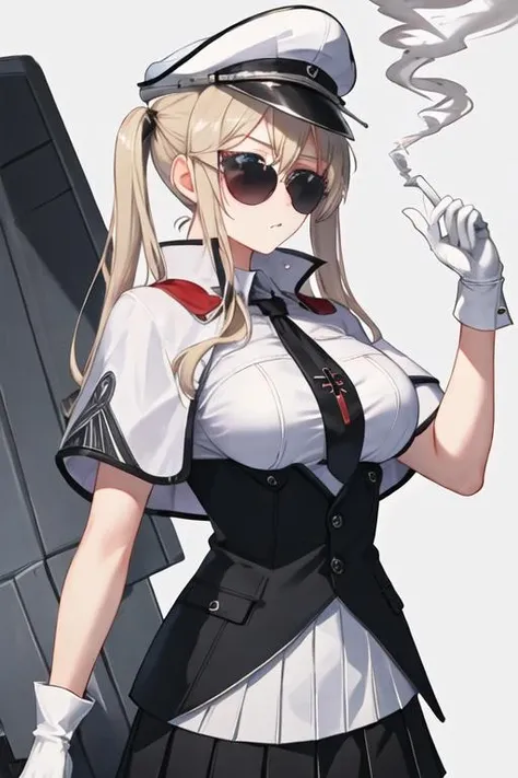 (masterpiece, best quality:1.2),illustration,8k,hd,1girl,solo,cowboy shot,kronshtadt (azur lane),black belt,black bra,black footwear,black gloves,black skirt,blue eyes,choker,collared shirt,dress shirt,hand on hip,cuffs,handcuffs,high-waist skirt,holding,holster,holstered weapon,large breasts,long sleeves,low twintails,megaphone,miniskirt,open clothes,open shirt,pantyhose,pencil skirt,puffy sleeves,skindentation,thigh holster,thigh strap,underwear,very long hair,white shirt,<lora:Kronshtadt(azur)>,