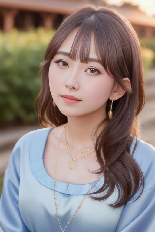masterpiece, (highly detailed skin), (golden hour),outside, gorgeous, (realistic face), fashion, close-up, necklace, (blue dress:1.1), slight smile, artistic <lora:ShimamuraUtav1:1>