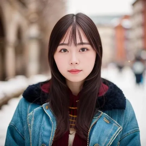 RAW photo, a close up portrait photo of <lora:ShimamuraUtav1:0.9> in winter clothes, pale skin, slim body, background is city ruins, (high detailed skin:1.2), 8k uhd, dslr, soft lighting, high quality, film grain, Fujifilm XT3