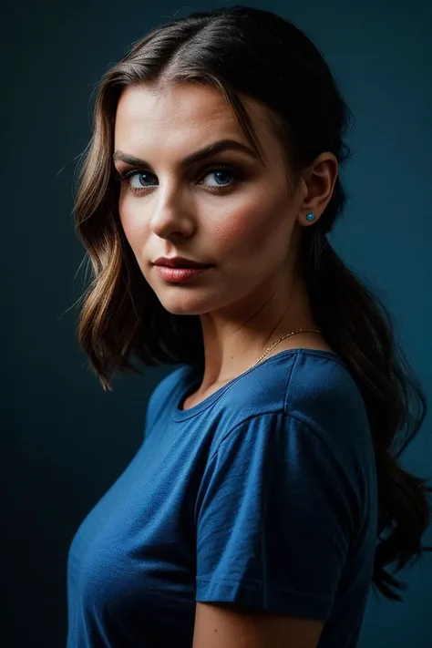 photo of (lw0nt0rra-134:0.99), a beautiful woman, perfect hair upsweep updo, (sad look), (modern photo, Cerise graphic tee), 24mm, (analog, cinematic, film grain:1.3), ((plain Peacock Blue background:1.2)), detailed eyes, (seductive pose), (epicPhoto), (looking at viewer), jewelry, (cinematic shot:1.3), PA7_Portrait-MCU