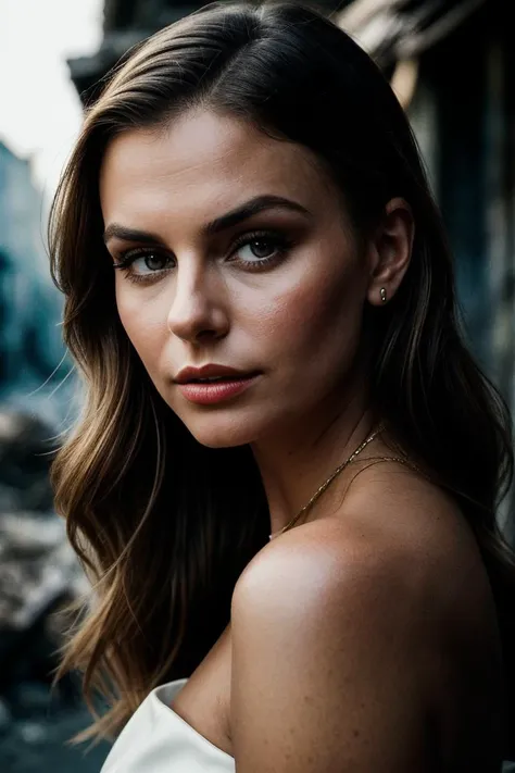 photo of (lw0nt0rra-134:0.99), a beautiful woman, perfect hair, (sad look), (modern photo, Ivory strapless dress), 24mm, (analog, cinematic, film grain:1.3), (slums:1.2), detailed eyes, (seductive pose), (epicPhoto), (looking at viewer), jewelry, (cinematic shot:1.3), PA7_Portrait-MCU