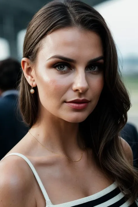 photo of (lw0nt0rra-134:0.99), a beautiful woman, perfect hair upsweep updo, (sad look), (modern photo, Canary Yellow Striped knit maxi dress), 24mm, (analog, cinematic, film grain:1.3), (airport:1.2), detailed eyes, (seductive pose), (epicPhoto), (looking at viewer), jewelry, (cinematic shot:1.3), PA7_Portrait-MCU