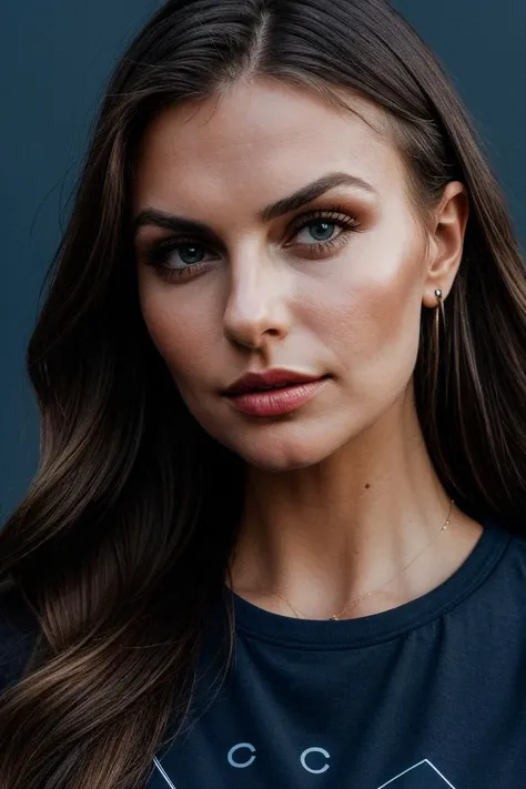 photo of (lw0nt0rra-134:0.99), a beautiful woman, perfect hair, (serious look), (modern photo, Cetacean Blue graphic tee), 24mm, (analog, cinematic, film grain:1.3), ((plain Cloud Burst Blue background:1.2)), detailed eyes, (epicPhoto), (seductive pose), (looking at viewer), jewelry, (cinematic shot:1.3), PA7_Portrait-MCU