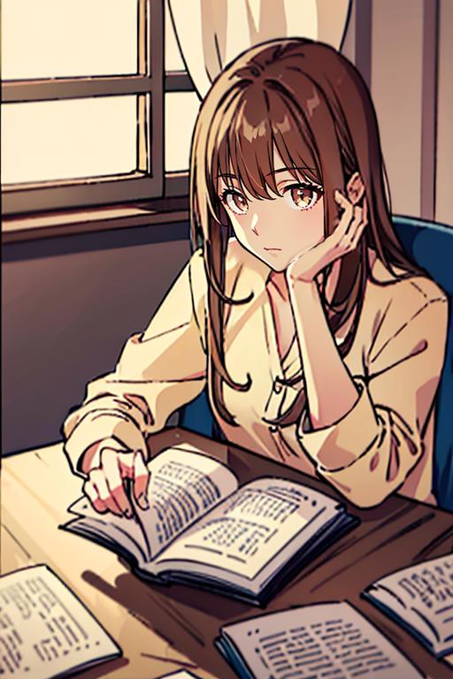 Anime girl sitting at a table with a book and a pen - SeaArt AI