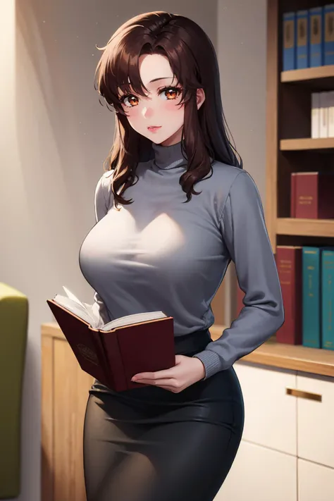 masterpiece, best quality, 1girl, <lora:murrueramius-nvwls-v1-000009:0.9> murrue ramius, lipstick, grey sweater, turtleneck, pencil skirt, reading book, cowboy shot, office, looking at viewer, large breasts
