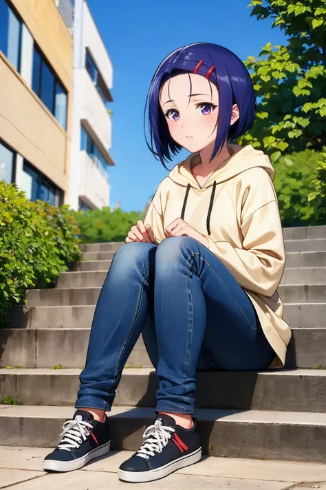 masterpiece, best quality, <lora:tlrharuna-nvwls-v1-000009:0.9> tlrharuna, hairclip, black hoodie, jeans, sitting, stairs, city, blue sky, bored, sneakers