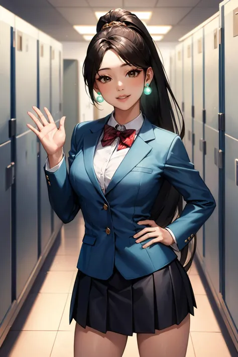 masterpiece, best quality, 1girl, <lora:valorantsage-nvwls-v1-000009:0.9> valorantSage, ponytail, earrings, blazer, pleated skirt, red bowtie, hallway, smile, waving, lockers, looking at viewer, hand on hip