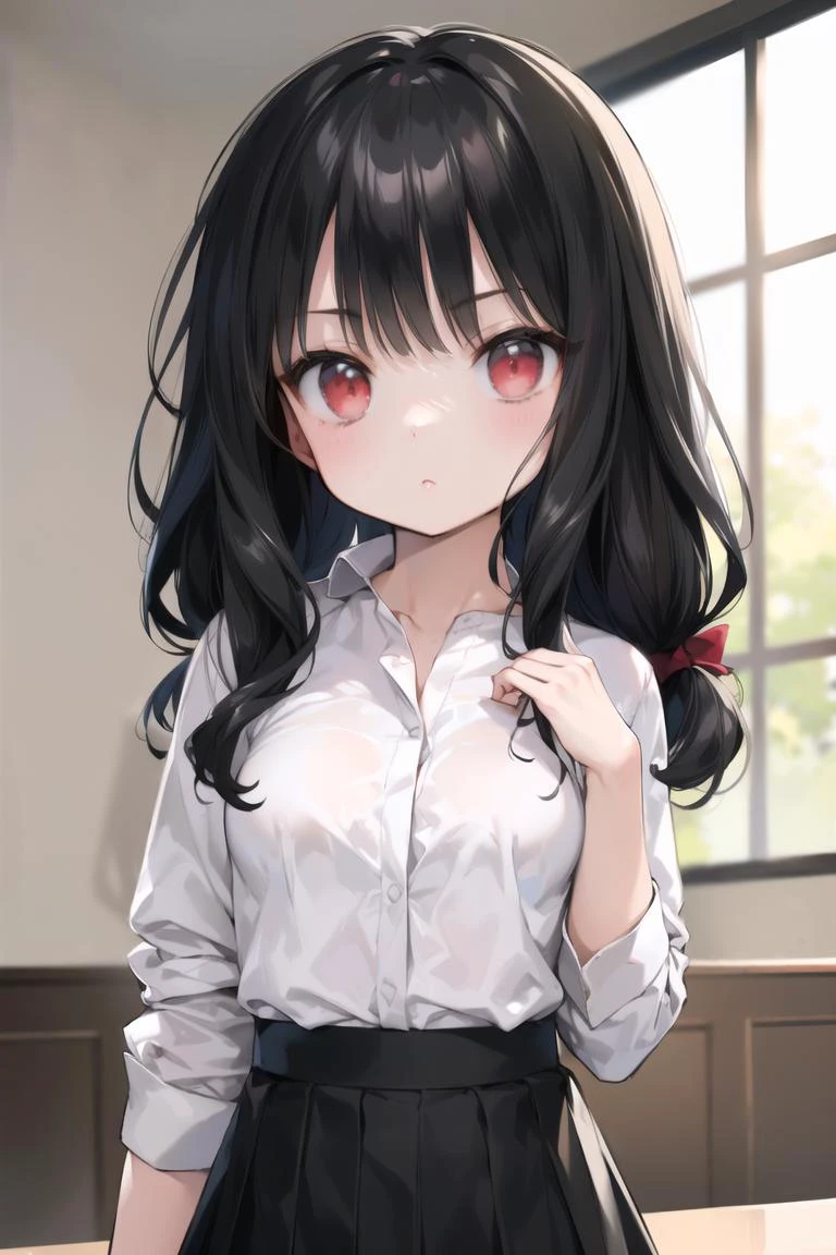 ((((masterpiece:1.2),(best quality),(perfect anatomy),(best detailed),(best background),(perfect hands))))|||||,
(((character focus))),|||||,
(((cute girl,shiny skin,small eyes))),|||||,
(((lovely big eyes,cute eyes,red eyes,(black hair:1.4),long hair))),|||||,
(((school uniform,(white shirt:1.5), black skirt))),|||||,
(((school, indoors))),|||||,
(((look at viewer:1.2),upper body)),
<lora:Cute Gothic Fashion1_1:0.7>,<lora:SilvermoonMix - Delicate skin and hair:0.5>,
BREAK
