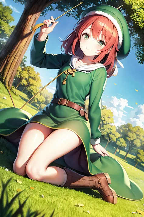 marian with her bow and arrows in sherwood forest. green clothes hat boots.