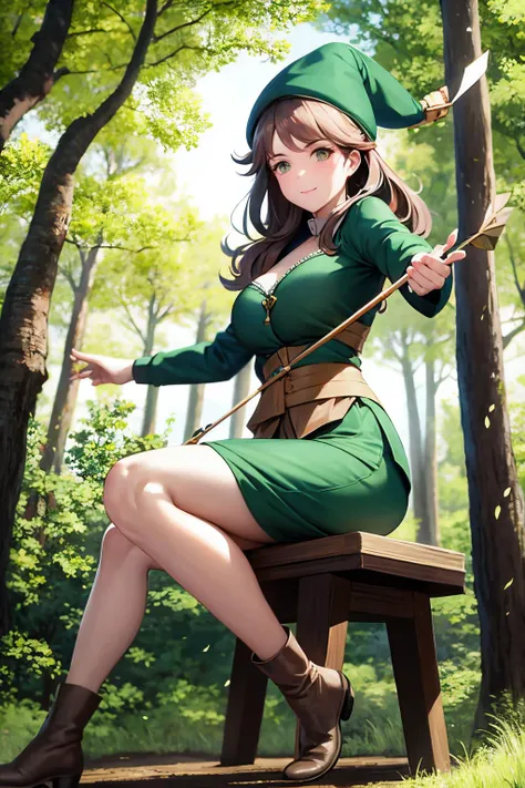marian with her bow and arrows in sherwood forest. green clothes hat boots.