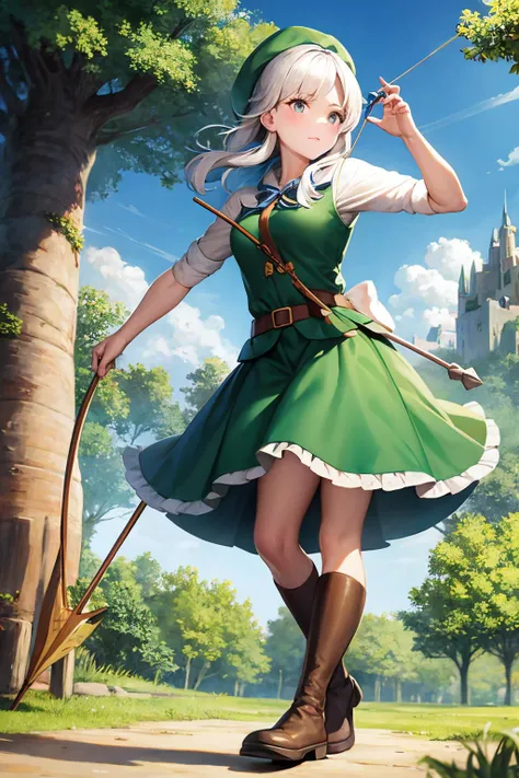 marian with her bow and arrows in sherwood forest. green clothes hat boots.