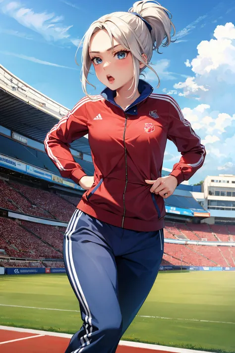 masterpiece, best quality, 1girl, <lora:valorantjett-nvwls-v1-000009:0.9> valorantJett, short ponytail, track suit, red track jacket, track pants, field, blue sky, looking at viewer, track and field, :o, furrowed brow, running