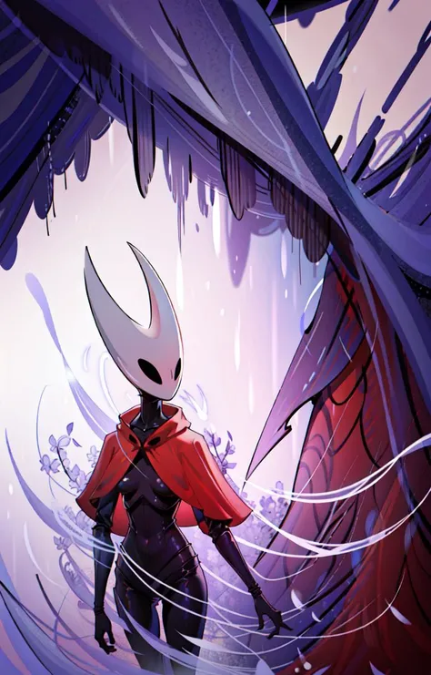 (1girl:average breasts, mask, hornet \(hollow knight\), big ass, black skin, red cape,  <lora:LoRA_Hornet-000009:0.8>), forest in the background, high quality, high resolution, extreme detail, masterpiece, intricate details, [volumetric fog], cinematic lighting, photographed on a Canon EOS R5, 50mm lens, F/2.8, HDR, 8k resolution, colorful