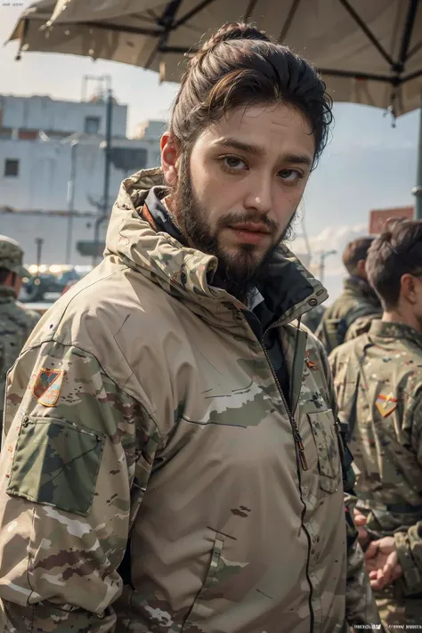 handsome man, beautiful hair, beard, prigozhin, <lyco:celeb_ prigozhin:1.0>, (soviet art), military