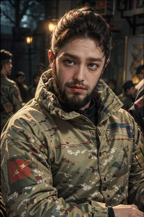 handsome man, beautiful hair, beard, prigozhin, <lyco:celeb_ prigozhin:1.0>, (soviet art), military