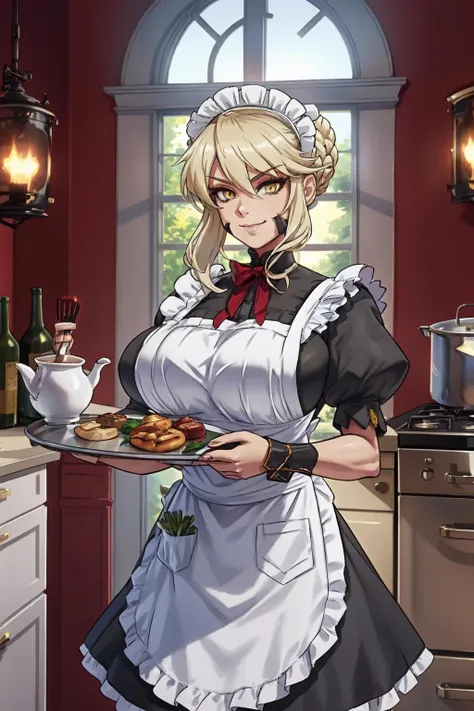 1girl, (solo:1.2), (masterpiece:1.2), (best quality:1.2), (perfect anatomy:1.4), (perfect female anatomy:1.2), (closed mouth:1.2), (smile:1.2), (large breasts:1.4), (cowboy shot:1.3), (beautiful mesmerizing detailed anime eyes:1.3), (holding a single large silver dinner tray:1.3), pastry on tray
<lora:eu03 [MockAi - v1.0]:0.8> eu03, curvy, soft shading, exaggerated proportions, <lora:Artoria Pendragon (Lancer Alter) [novowels - v1.0]:0.8> lancerAlter, yellow eyes, large breasts, sidelocks, (blonde hair:1.3), braid, braided hair bun, dress, maid, maid outfit, victorian maid, puffy sleeves, (maid apron:1.2), maid headdress, modest clothing, (high end home kitchen:1.3), kitchen counter, stove, fridge, window, expensive interior,