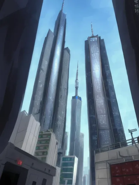 A Extreme Close Up of overcrowded skyscrapers reaching towards the sky in the middle nexus dynamics center and in the backgound advanced ai-controlled war drones surveilling the area